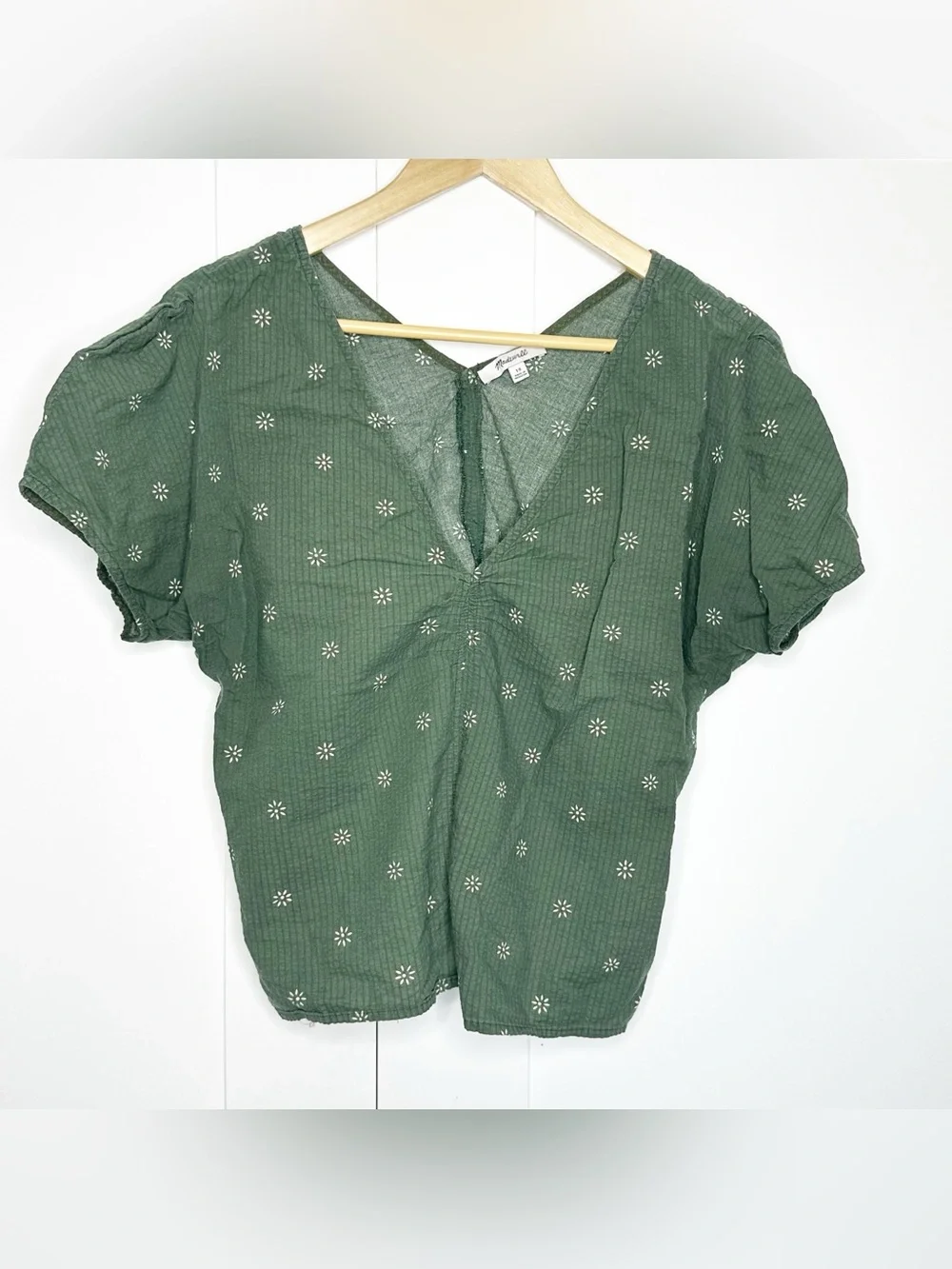 Madewell Voile Puff-Sleeve Top 10 large Floral green 100% Cotton short v-neck
